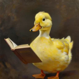 An oil painting, portrait of a yellow duck reading a book