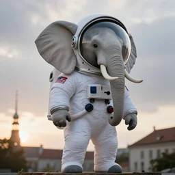 giant elephant wearing white custom made american spacesuit with oversized giant helmet as astronaut animal, in legnica, sunrise, overcast bokeh, cctv - c 8