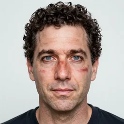 “an ultra realistic photograph of a man in his early 60’s with short dark curly hair, a large nose, blue eyes, light skin and a scar under his right eye”