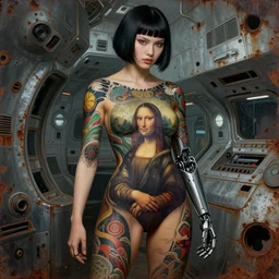 super model cyberpunk girl with Japanese yakuza full body tattoo in future world,with a robotic arm, painted by Norman Rockwell and Bosch and da Vinci, super textural and rusty metallic background , inside abandoned space ship, trending on art station