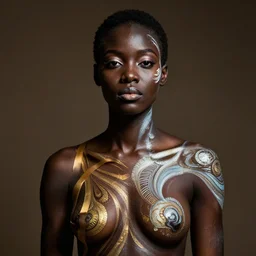 a portrait of a black woman with body paint, half figure, fractal shapes, dramatic light, cinematic lighting, ribbons,