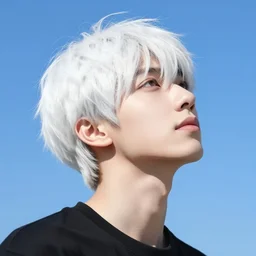 a young man with white hair gazing up at the blue sky. By John Harris. Ruan Jia. Ayami Kojima