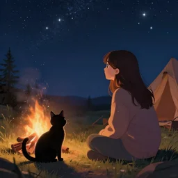 a girl and a black cat looking at the stars, campfire, night, stardust, hyperdetailed, artstation, cgsociety, 8 k