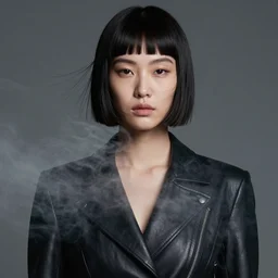 latent space, youthful asian blade runner demure, 3 5 mm, exquisite features, feminine cut, pris mascara, 2 0 4 9's frontiers in flight leather suit, smoke, grain, misty, stephane sednaoui, id magazine photoshoot