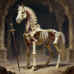 Very vibrant art. A spiked detailed horse skeleton with armored joints stands in a large cavernous throne room with halberd in hand. Massive shoulderplates. Extremely high details, realistic, fantasy art, solo, masterpiece, bones, ripped flesh, art by Zdzisław Beksiński, Arthur Rackham, Dariusz Zawadzki, Harry Clarke