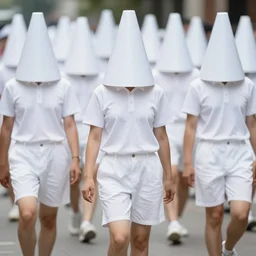 realistic photo portrait of a crowd of people wearing white shorts, cone heads, walking on the street, grey sky with rainbow and rain 1 9 9 0, life magazine reportage photo, natural colors