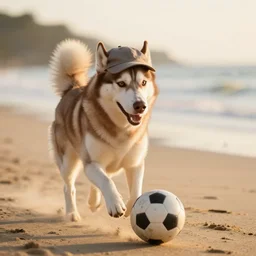a playful brown husky wearing a cap on its head, playing soccer at the beach, Golden hour, bokeh, 4k photo,