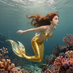 harmony golden glimmering mermaid brown haired cute yoongi, under water swimming, colorful coral, muted colors, wlop, james jean, victo ngai, highly detailed, fantasy art by craig mullins, thomas kinkade