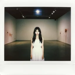 a beautiful and eerie instant photo of a pretty young woman wearing a white dress standing in a vast and empty gallery with blood on the walls, and moonlight shining through the windows, something sinister is happening behind her