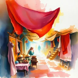 small centered on watercolor paper, paint brush strokes, abstract watercolor painting of ancient cloth velved and silk market, fabrics, cinematic light, national romanticism by hans dahl, by jesper ejsing, by anders zorn, by greg rutkowski, by greg manchess, by tyler edlin