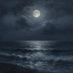 a moody, atmospheric painting of a stormy sea under a full moon