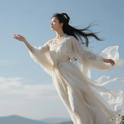 a beautiful elegant, majestic goddess gently floating in the sky observing something below frame, art station, epic, clear, high resolution
