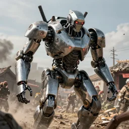 advanced humanoid combat robots slaughtering a village in 2020, close up combat photography by Feng Zhu, highly detailed, excellent composition, cinematic concept art, dramatic lighting, trending on ArtStation