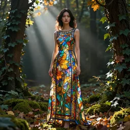 portrait of a woman wearing a dress of stained glass , autumn, dramatic volumetric lighting, god rays, global illumination, soft, sharp focus, sci-fi, ivy, moss, trending on artstation, concept art by Greg Rutkowski and alphonse mucha and Ruan Jia