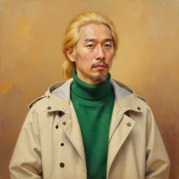 portrait of an asian man with a blonde hair, a ponytail and a goatee. wearing a beige raincoat over a green neck sweater. oil painting, warm colors.