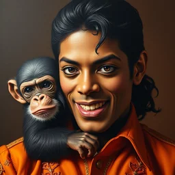 oil painting, portrait of michael jackson with his pet chimp bubbles, intricate, octane render, detailed, beautiful, brown skin, unreal engine, symmetrical, artstation, art by karol bak, art by artgerm, rossdraws, cinematic, concept art, filmic, vsco
