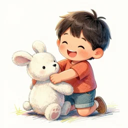 a kid squeezing a plushy happily, pencil sketch, colored, vibrant