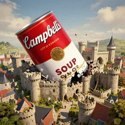 ONE!!! GIANT HUGE CAMPBELL SOUP CAN CRASHED!!! INTO a Medieval city!!!!, Soup can crashed into a castle!!!! rendered by Beeple, environment concept, digital art, unreal engine, 3 point perspective, trending on artstation, low level, 4K UHD image, octane render,