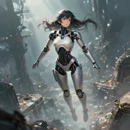 detailed, sharp, dreaming humanoid female automata floating in above a dystopia by Leslie Ann O'Dell, digital art, surreal, trending on artstation, anime arts, featured on Pixiv, HD, 8K, highly detailed, good lighting. beautiful. epic.