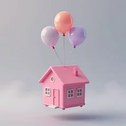 a photograph of a pink floating house inspired by the movie up, held by three small vibrant ballons in the air attached by a wire, mist, playful composition
