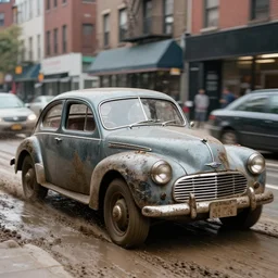 street photography by saul leiter, in a muddy new york street, award winning photo of an ultra detailed intricate dirty vintage ford car speeding very fast on mud, fast shutter speed, motion blur, tiny gaussian blur, highly detailed, highly intricate, depth of field, trending on top gear