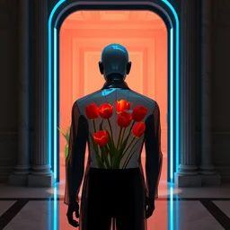 “ a beautiful mannequin made of glass printed in 3 d geometric neon kintsugi!!, facing a doorway opening with a neon blue light, vaporware, tulips inside a room with marble columns, transcendent, vibrant color, clean linework, finely detailed, 4 k, trending on artstation, photorealistic, volumetric lighting, octane render ”