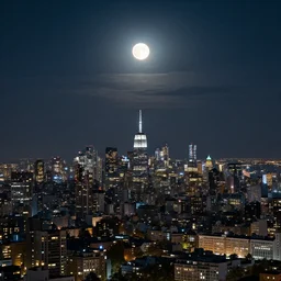 A beautiful city night scene of a bright moon shining on the lights of the city