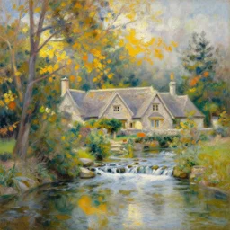 a painting of sparse stone cottages underneath a dense forest, with a cascading river and pristine reflect. gorgeous, elegant, sophisticated, an ultrafine painting, intricate brused strokes, bright depth oil colors, by renoir and araken alcantara, mist diffuse promiseful illumination, autumn sunrise warm light, detailed and intricate environment of hope. trended on bodyscapes