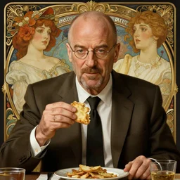 photography of saul goodman eating, deep focus, intricate, elegant, highly detailed, digital painting, artstation, concept art, matte, sharp focus, illustration, art by artgerm and greg rutkowski and alphonse mucha