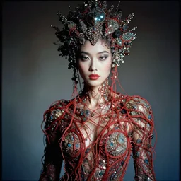 ! dream cinestill 5 0 d photo portrait of a beautiful hybrid woman in style of paolo roversi by roberto ferri, matt basalt body intricate detailed dressed in long cloth with red vines and wires, intricate sparkling basalt ornamental hair, 1 5 0 mm lens, f 1. 4, sharp focus, ethereal, emotionally evoking, head in focus, radiant volumetric lighting, matt
