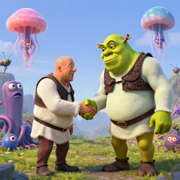 Vin Diesel Shakes hands with Shrek , tentacles, unnatural shapes, jellyfish, insect, octane render, 3d digital art by beeple, unreal engine 5, award winning