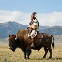 native american riding bison, buffalo, native american warrior, mountain range, beautiful sky, standing on the edge of a cliff, 1 9 th century, painted by frazetta