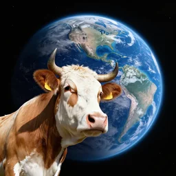 wide angle view, colored photo of a cow wearing circle crown, in space, orbiting earth in the background, photorealistic, nikon z 1 4 - 2 4 f 2. 8 s, digital art by nasa and james webb telescopy, 8 k