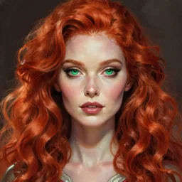 Redhead Pleiadian alien human beautiful hybrid feminine woman, long gorgeous red hair in loose curls, with stunning green eyes, cute round face and a roundish nose, as a retrofuturistic heroine, face and body, gorgeous digital painting, artstation, concept art, smooth, sharp focus, illustration, art by artgerm and donato giancola and Joseph Christian Leyendecker, Ross Tran, WLOP