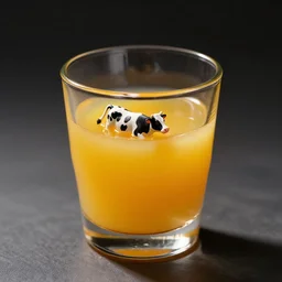 tiny mini small micro cow swimming in a large glass of orange juice