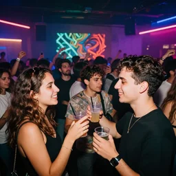 in the front 2 friends partying with drinks in their hands, in the back a huge crowd and neon lights, modern art