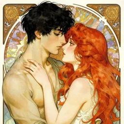 a male with short black hair and a female with long red hair who are in love, verry high details, colorfull, by william turner art, by greg rutkowski, by alphonse mucha, by james jean, by rossdraws, by frank franzzeta, by sakimichan, trending on artstation, very very detailed, masterpiece,
