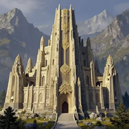 Dwarven fortress in the mountains | dwarven architecture | art deco | monumental |photorealistic | hyper detailed | volumetric lighting | thomas kinkade