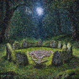 Stone circle in an enchanted forest grove, mossy and green, at night with full moon, celtic knot made of wood and bone