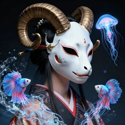 3 d goddess close - up profile portrait with crown, ram skull. beautiful intricately detailed punk japanese crow kitsune mask and clasical japanese kimono. betta fish, jellyfish phoenix, bio - luminescent, plasma, ice, water, wind, creature, artwork by tooth wu and wlop and beeple and greg rutkowski
