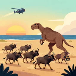 illustration of a 🦖 chasing a herd of 4 ⃣ 🦁 on an 🏝. 🚁 in the sky, 🌅, by mandy jurgens, trending on artstation