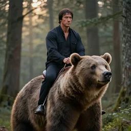 portrait photo of chuck norris riding his fluffy grizzly bear, in the forest at dawn. fantasy magic style. highly detailed 8 k. intricate. lifelike. soft light. sony a 7 r iv 5 5 mm. award winning photography.