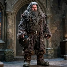 a still from harry potter half blood prince depicting hagrid : a man twice as tall as a normal man and at least five times as wide. he looked simply too big and so wild long tangles of bushy black hair and beard hide most of his face, hands the size of trash can lids, and his feet in their leather boots were enormous - n 4