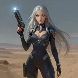 pleiadian woman with big eyes and long silver hair wearing a dark body suit and holding a plasma gun as a sci fi character, portrait art by donato giancola and greg rutkowski, digital art, trending on artstation, standing in a barren field