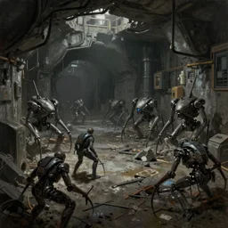 concept art of an underground bunker city in a state of disrepair being patrolled by spider mechs, grimy, gritty, blade runner 2 0 4 9, trending on artstation, award winning painting, cgi, art by john berkey and anton fadeev and john howe and simon stalenhag and greg rutkowski