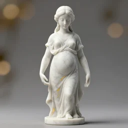 a statue made of white marble with gold veins, of an beautiful pregnant woman in a light dress, perfect symmetrical body, perfect symmetrical face, closed eyes, hyper realistic, hyper detailed, fujicolor superia, bokeh background, full body shot, by peter kemp, by monia merlo octane render, blender, 8 k
