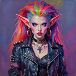 portrait of a scifi apocalyptic demonic goblin female biker babe character, hot girl, cool pose, psychedelic vibrant colors, futuristic punk rock fashion, oil painting by michael whelan art, sharp focus, realistic, detailed eyes, 8 0 s hair, studded leather jacket, 8 k