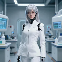 a scientist android girl with silver hair wearing white suit and glasses, standing inside a research facility by artgerm and wlop