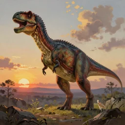 The extenction of the dinosaurs, sunset time, extra detailed, digital illustration, by Makoto Shinkai and thomas kinkade, oil painting, Matte painting, trending on artstation and unreal engine