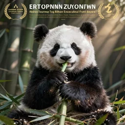 A cute small panda eating bamboo while smiling
